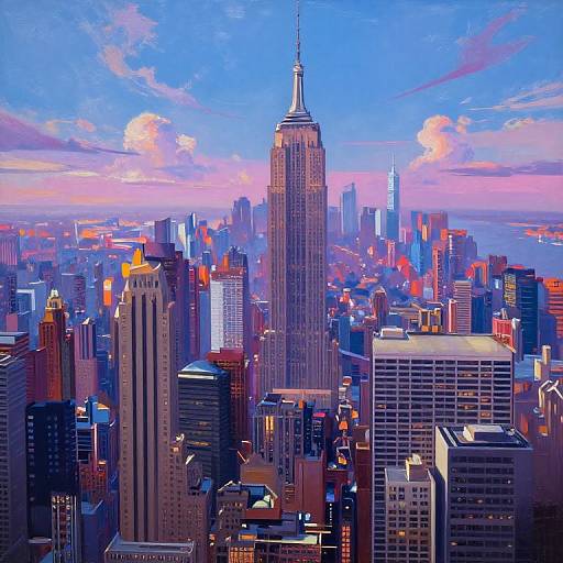 Digital artwork of a vibrant, colorful New York City skyline at sunset, featuring the iconic Empire State Building center frame.