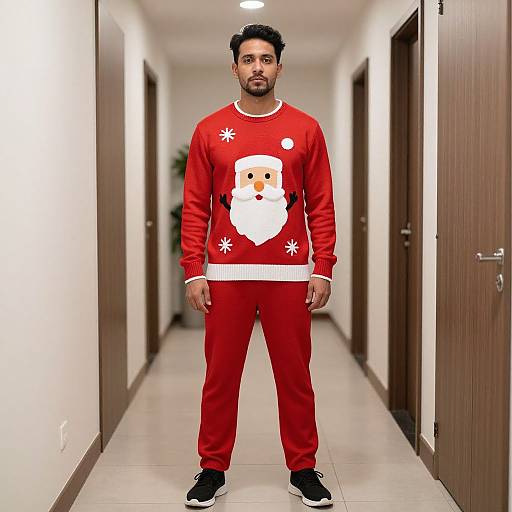 Photograph of a bearded man with short black hair standing in a hallway, wearing a red Santa-themed sweater and pants, black sneakers, with a