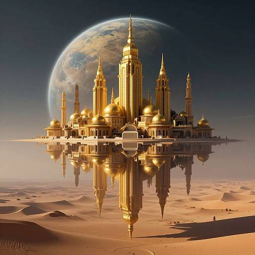 Digital art of a golden, futuristic mosque complex with domes and minarets, reflected in a desert oasis, with a glowing Earth in the night