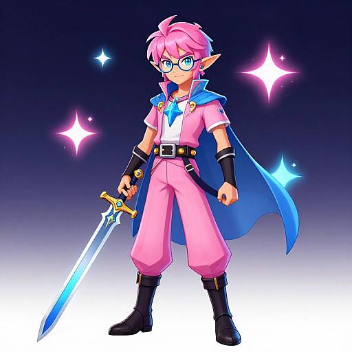 Digital anime-style drawing of a pink-haired, glasses-wearing elf character in pink pants, blue cape, holding a glowing sword against a dark gradient background