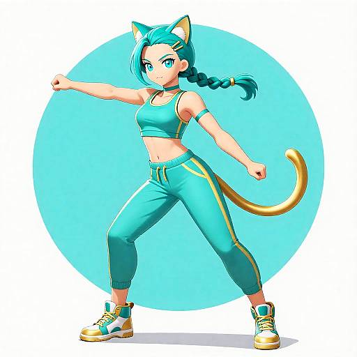Electric Turquoise Athletic Catgirl Pose