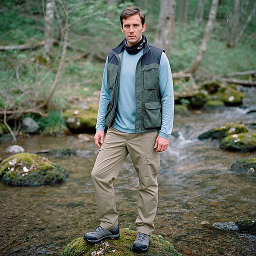 Photograph of a serious-looking man standing on a mossy rock in a forest creek, wearing a light blue shirt, green vest, beige pants,