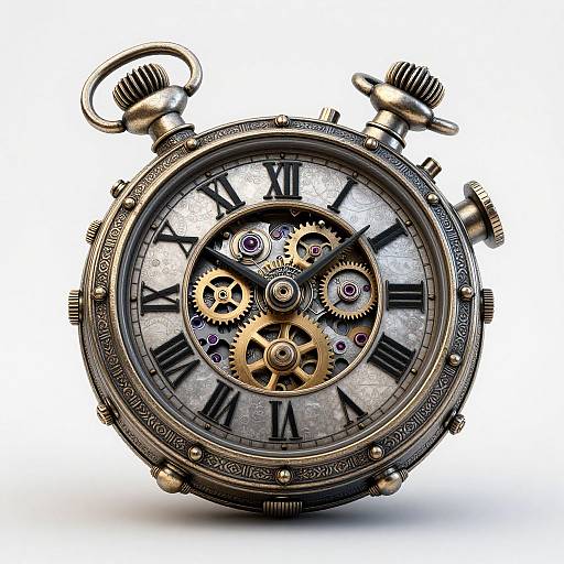 Photograph of an intricate, vintage-style mechanical clock with exposed gears, Roman numerals, purple jewels, and ornate metallic casing.