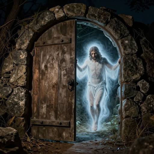 Photorealistic digital artwork: Glowing, ethereal Jesus with a white loincloth emerges from a wooden, arched, stone doorway at night