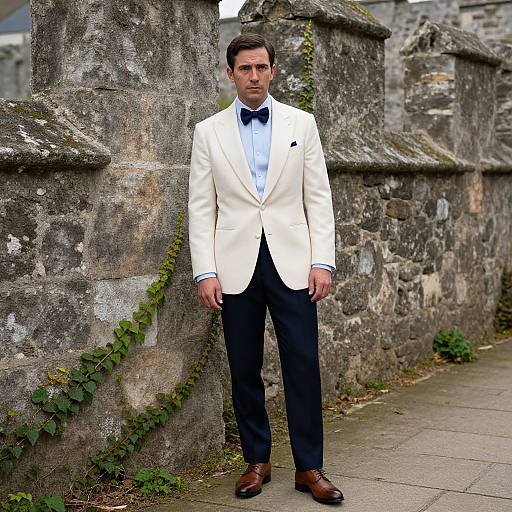 Man in Elegant Tuxedo Among Ancient Walls
