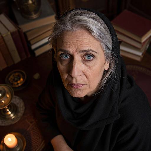 Photograph of an elderly woman with silver hair, blue eyes, wearing a black headscarf, looking directly at the camera in a dimly lit
