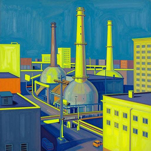 Digital painting of a vibrant industrial cityscape with neon yellow and blue buildings, three tall smokestacks, a large dome, and a single yellow car