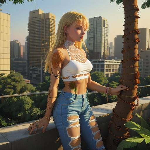 Blonde Girl in Neon Summer Cityscape