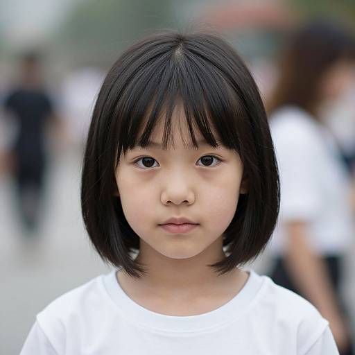 Photograph of a young Asian girl with straight black bob haircut, wearing a white shirt, standing in a blurred urban background.