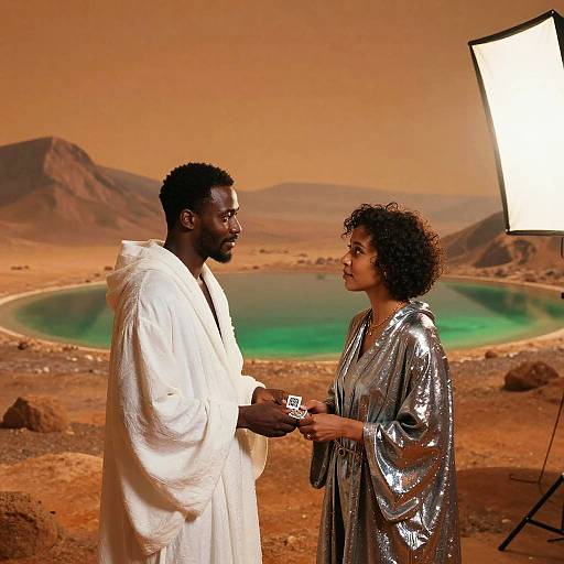 Photograph of Black man in white robe and Black woman in silver shimmery dress holding hands, facing each other in desert landscape with turquoise pool,