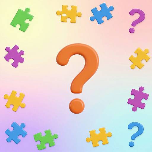 Bright, colorful digital image of a large orange question mark surrounded by scattered yellow, green, blue, purple, and pink puzzle pieces on a gradient white