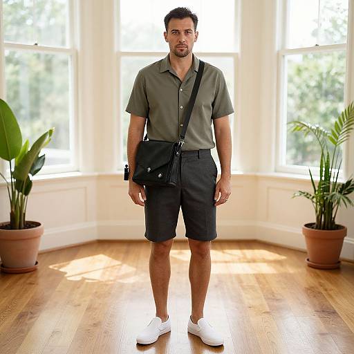 Photograph of a medium-built man with short dark hair, olive skin, wearing a gray polo, black shorts, white sneakers, black messenger bag,
