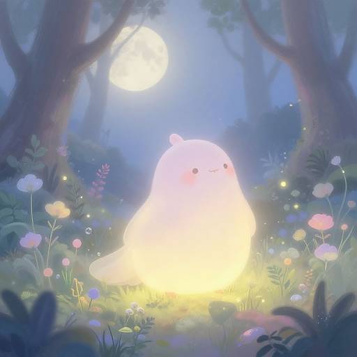 Whimsical digital illustration of a glowing, cute, ghost-like creature sitting in a moonlit forest, surrounded by colorful flowers and soft, ethereal