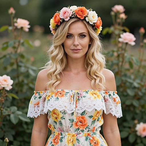 Photograph of a blonde woman with wavy hair, wearing a floral headband, off-shoulder floral dress, and lace trim, standing in