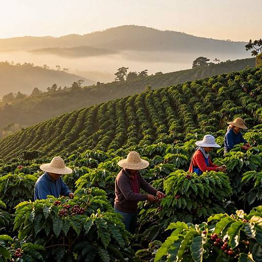 Photograph of three farmers in straw hats and colorful jackets, harvesting coffee plants in lush, terraced fields at sunrise, with misty hills in the