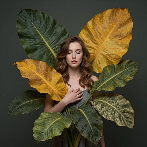 Photograph of a fair-skinned woman with long brown hair, eyes closed, holding large, yellow and green tropical leaves against a dark background.