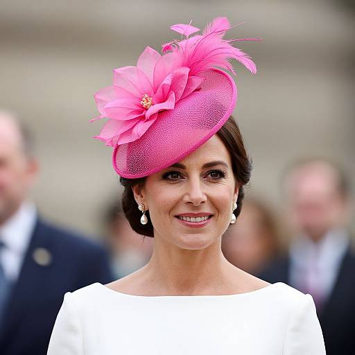 Photograph of a smiling woman with short brown hair wearing a bright pink feathered hat, white dress, and pearl earrings, blurred background with men in