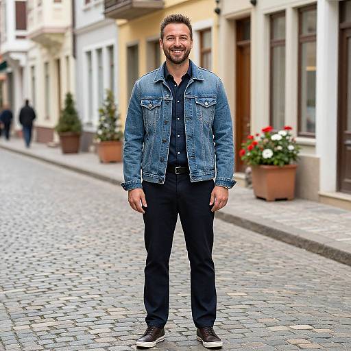 Photograph of a smiling, bearded man in a blue denim jacket, black shirt, and pants standing on a cobblestone street with potted