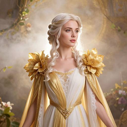 Digital artwork of a fair-skinned woman with white, wavy hair, wearing a gold and white, floral-embellished gown, set against