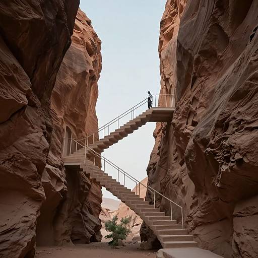 Photograph of a narrow canyon with towering, reddish-brown rock walls. A person in silhouette stands on an ascending, metal-railed staircase between