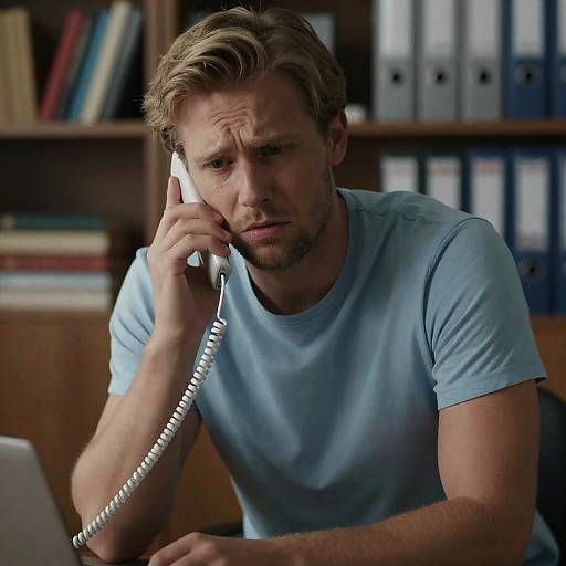 Distressed Man on Phone in Cozy Study