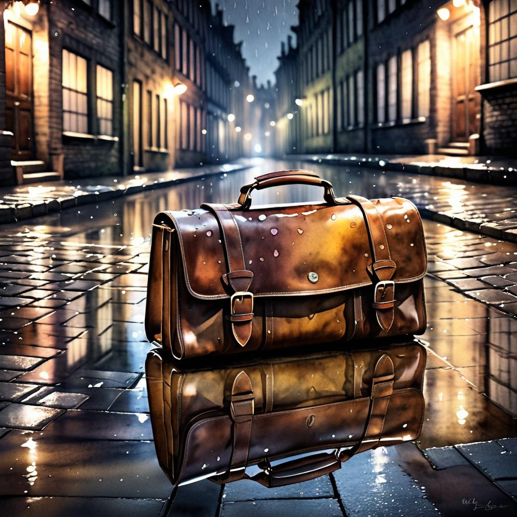 Vintage Leather Satchel on Rainy Cobblestones