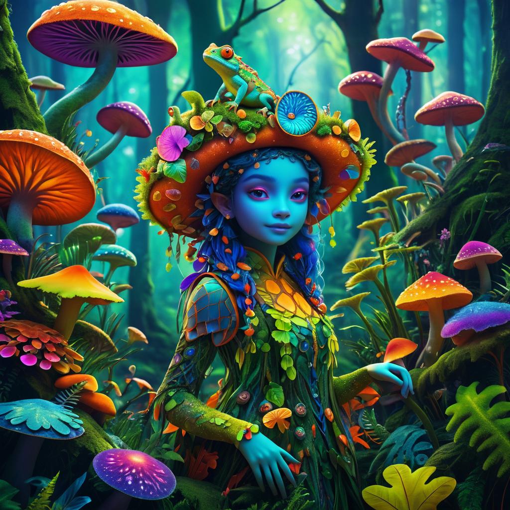 Whimsical Chameleon Girl in Vibrant Fungi