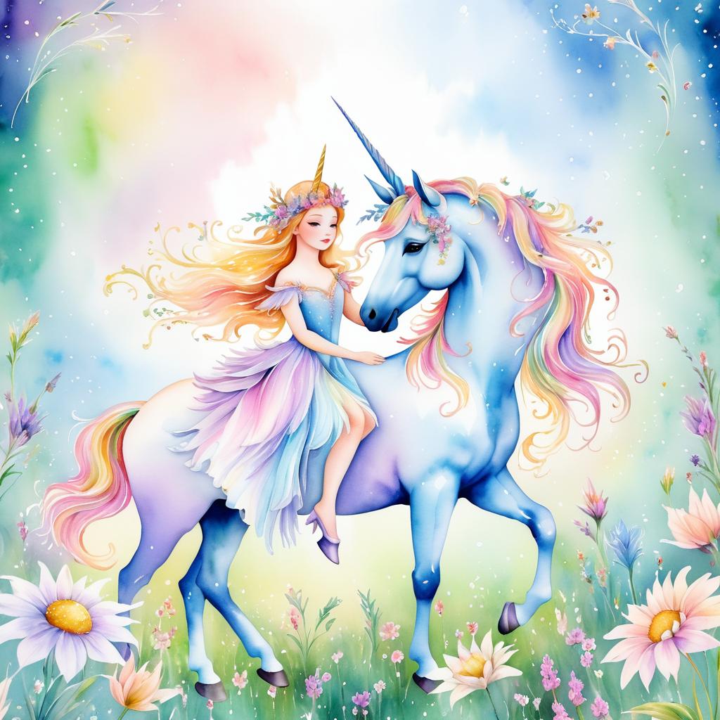 Whimsical Unicorn and Fairy in Meadow