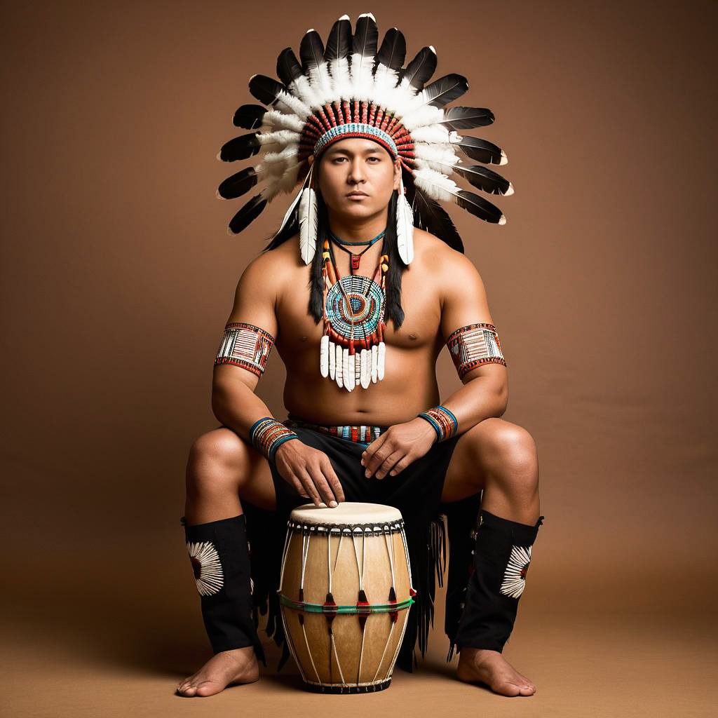 Intense Native Drummer in Regalia