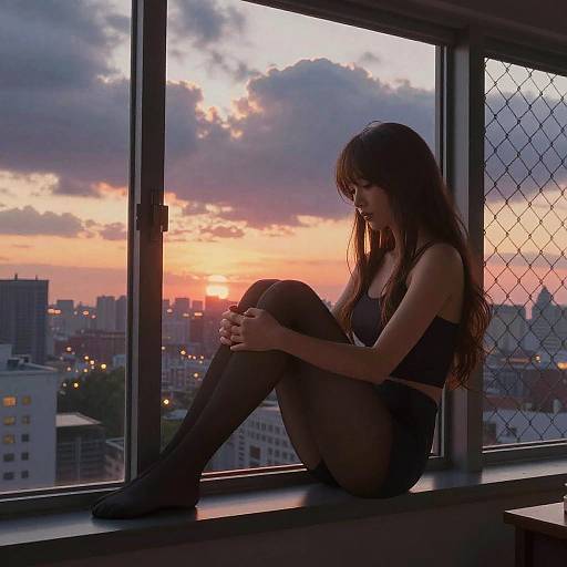 Photograph of a young woman with long brown hair, wearing black lingerie and stockings, sitting on a window sill, gazing at a sunset sky with