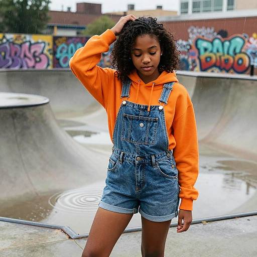 Teen Girl at Rainy Urban Skate Park