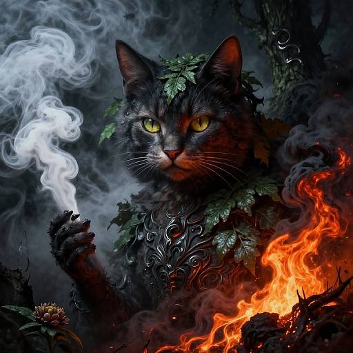 Goddess Cat Amidst Smoke and Fire