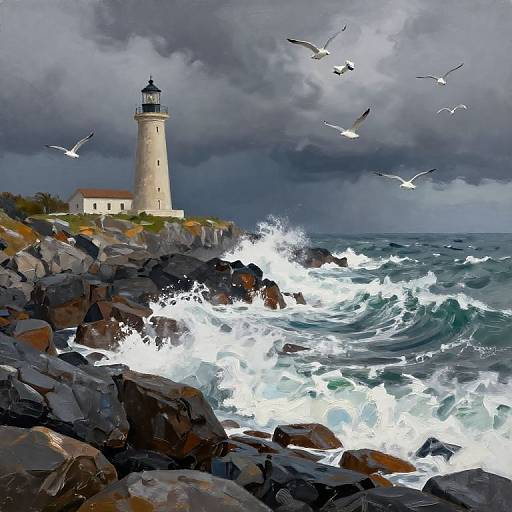 Stormy seascape painting of a lighthouse on rocky coastline, waves crashing, dark clouds, seagulls flying, dramatic lighting, and turbulent ocean
