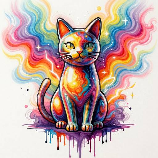 Vibrant digital illustration of a sitting cat with multicolored, rainbow-like patterns, surrounded by swirling, colorful flames, with black ink drips