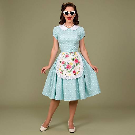 Photograph of a woman in a 1950s-style light blue polka dot dress with a white floral apron, white heels, and white