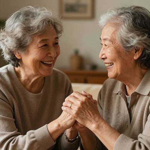 Photograph of smiling elderly couple with gray hair, holding hands, wearing beige sweaters, in a warmly lit living room.