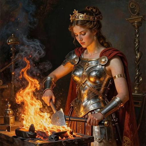Digital painting of a fair-skinned, red-cloaked woman in shimmering Roman armor, tending a fiery forge, with a crown, sword