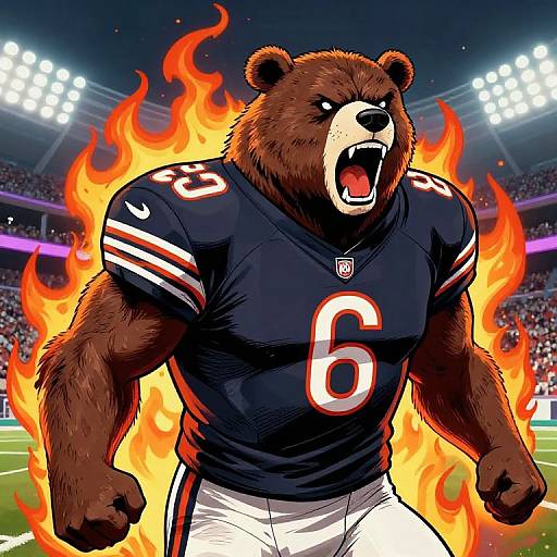 Anthropomorphic bear in a dark blue NFL jersey number 6, roaring with fiery aura, standing on a brightly lit football field. Digital art.