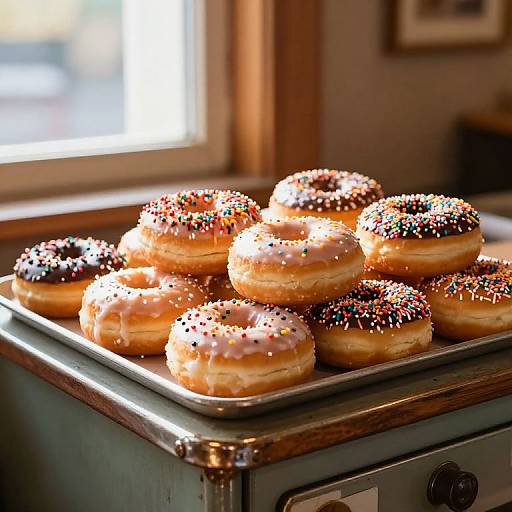 Photograph of a metal tray with 12 glazed donuts, some with chocolate and colorful sprinkles, on a wooden countertop near a sunlit