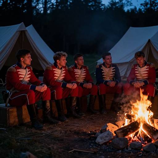 Photograph of five men in red military uniforms, seated around a campfire at dusk, with white tents in the background.