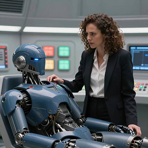 Woman with Robot in Sci-Fi Control Room