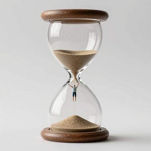 Photograph of a clear glass hourglass with wooden top and bottom, containing a small, detailed miniature figure falling through the sand.