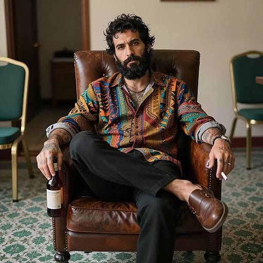 Man Sitting in Leather Chair with Bottle and Cigarette