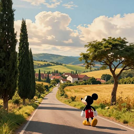 Photograph of Mickey Mouse standing on a sunny, winding country road, surrounded by tall cypress trees, golden fields, and rural houses. Bright blue