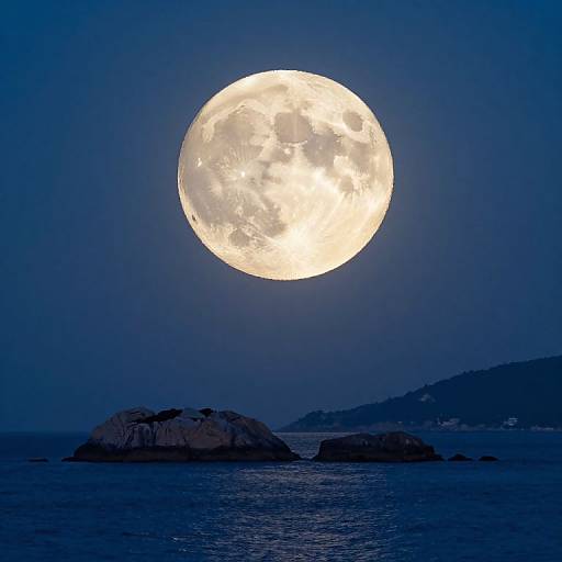 Photograph of a full, bright moon illuminating a dark blue night sky, with a rocky island and calm ocean in the foreground.