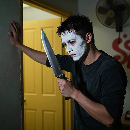 Intense Man with Knife in Dim Room