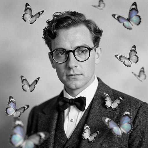 Black-and-white portrait of a man with glasses, bow tie, and suit, surrounded by iridescent butterflies on a gray background.