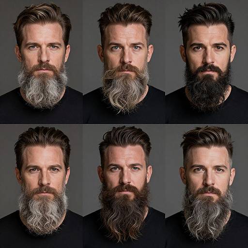 Photograph of a white man with four different bearded looks: varying beard lengths and styles, dark brown hair, neutral gray background.