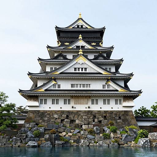 Photograph of a traditional Japanese castle with white walls, black tiled roofs, and golden accents, set on a rocky waterfront.