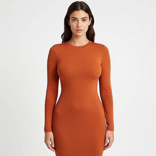 Photograph of a curvy woman with long dark hair, wearing a form-fitting, long-sleeve, orange ribbed dress, standing against